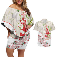 Baba Marta Bulgaria Couples Matching Off Shoulder Short Dress and Hawaiian Shirt Martenitsa Snowdrop Shevitsa Folk Pattern