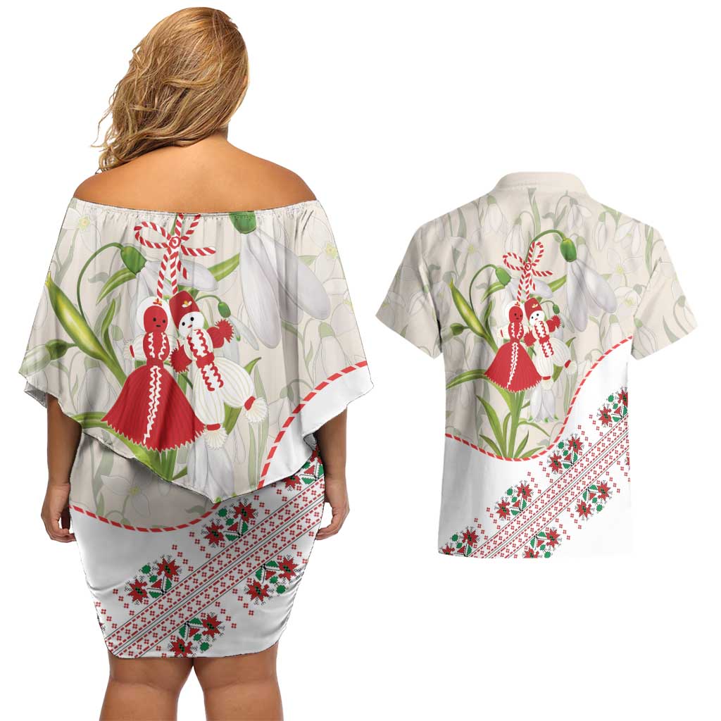 Baba Marta Bulgaria Couples Matching Off Shoulder Short Dress and Hawaiian Shirt Martenitsa Snowdrop Shevitsa Folk Pattern