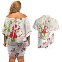 Baba Marta Bulgaria Couples Matching Off Shoulder Short Dress and Hawaiian Shirt Martenitsa Snowdrop Shevitsa Folk Pattern
