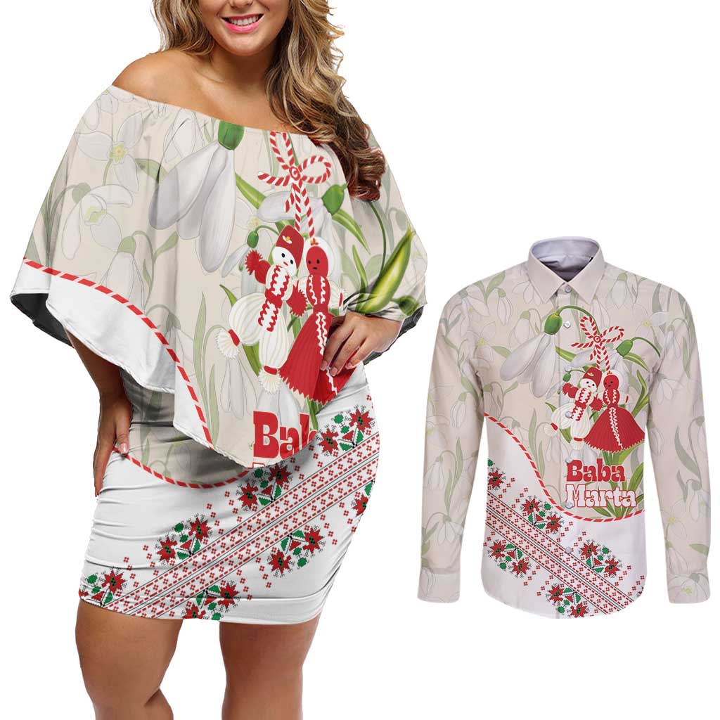Baba Marta Bulgaria Couples Matching Off Shoulder Short Dress and Long Sleeve Button Shirt Martenitsa Snowdrop Shevitsa Folk Pattern