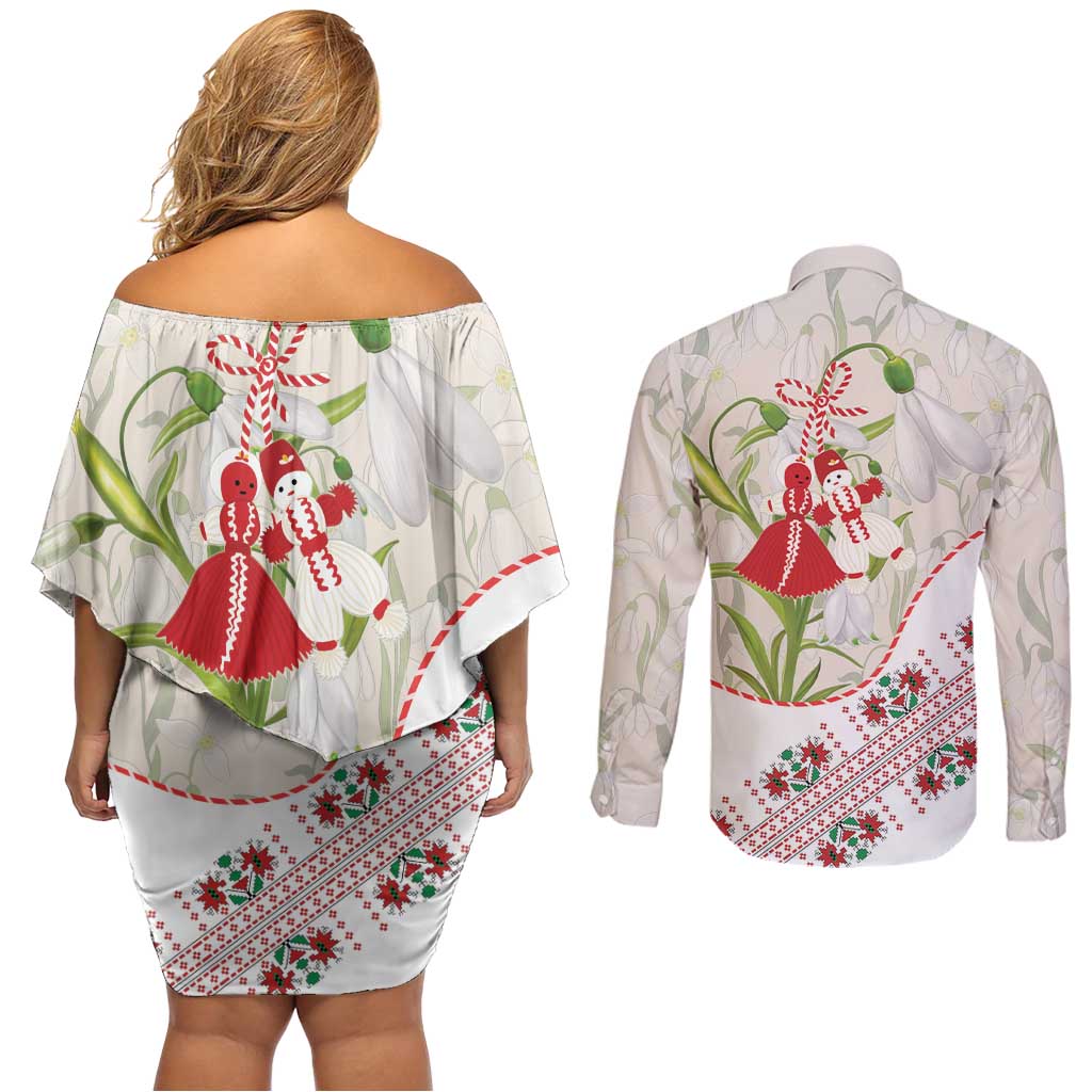 Baba Marta Bulgaria Couples Matching Off Shoulder Short Dress and Long Sleeve Button Shirt Martenitsa Snowdrop Shevitsa Folk Pattern