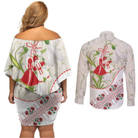 Baba Marta Bulgaria Couples Matching Off Shoulder Short Dress and Long Sleeve Button Shirt Martenitsa Snowdrop Shevitsa Folk Pattern