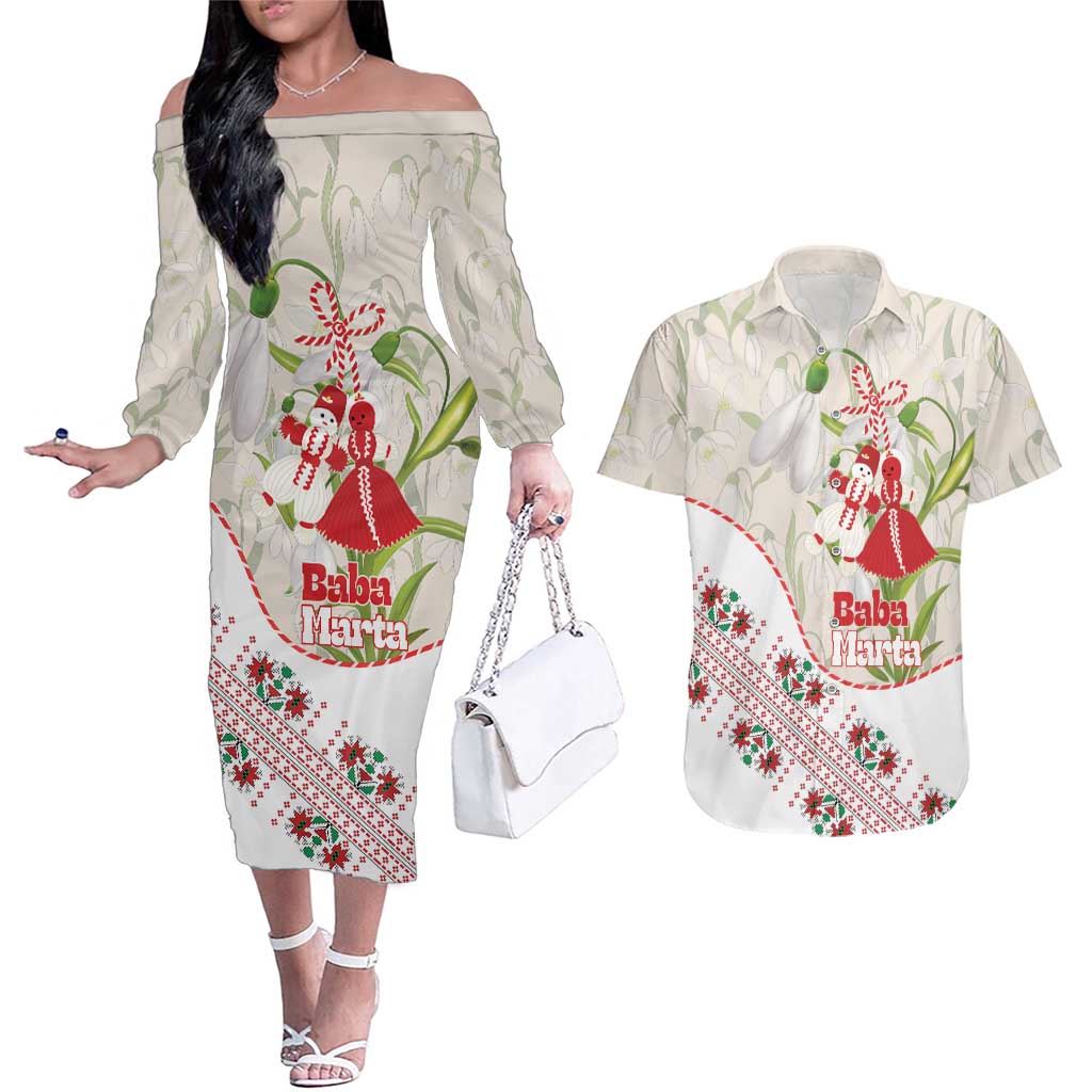 Baba Marta Bulgaria Couples Matching Off The Shoulder Long Sleeve Dress and Hawaiian Shirt Martenitsa Snowdrop Shevitsa Folk Pattern