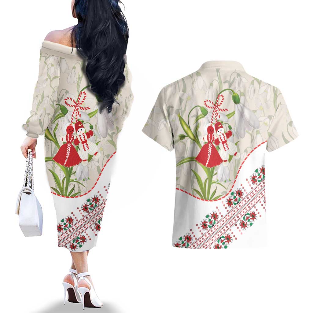 Baba Marta Bulgaria Couples Matching Off The Shoulder Long Sleeve Dress and Hawaiian Shirt Martenitsa Snowdrop Shevitsa Folk Pattern