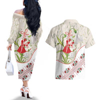 Baba Marta Bulgaria Couples Matching Off The Shoulder Long Sleeve Dress and Hawaiian Shirt Martenitsa Snowdrop Shevitsa Folk Pattern