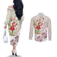 Baba Marta Bulgaria Couples Matching Off The Shoulder Long Sleeve Dress and Long Sleeve Button Shirt Martenitsa Snowdrop Shevitsa Folk Pattern