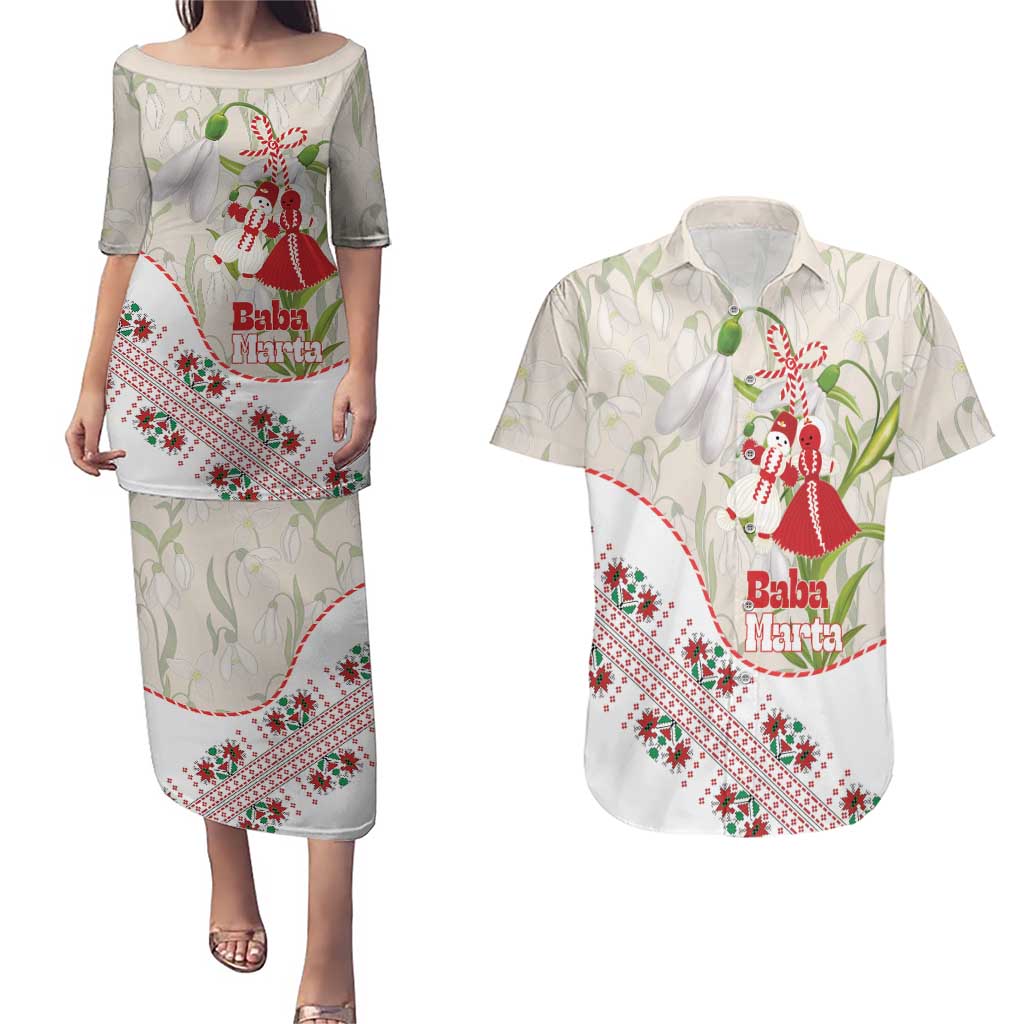 Baba Marta Bulgaria Couples Matching Puletasi and Hawaiian Shirt Martenitsa Snowdrop Shevitsa Folk Pattern