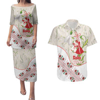 Baba Marta Bulgaria Couples Matching Puletasi and Hawaiian Shirt Martenitsa Snowdrop Shevitsa Folk Pattern