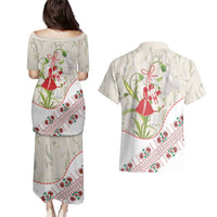 Baba Marta Bulgaria Couples Matching Puletasi and Hawaiian Shirt Martenitsa Snowdrop Shevitsa Folk Pattern