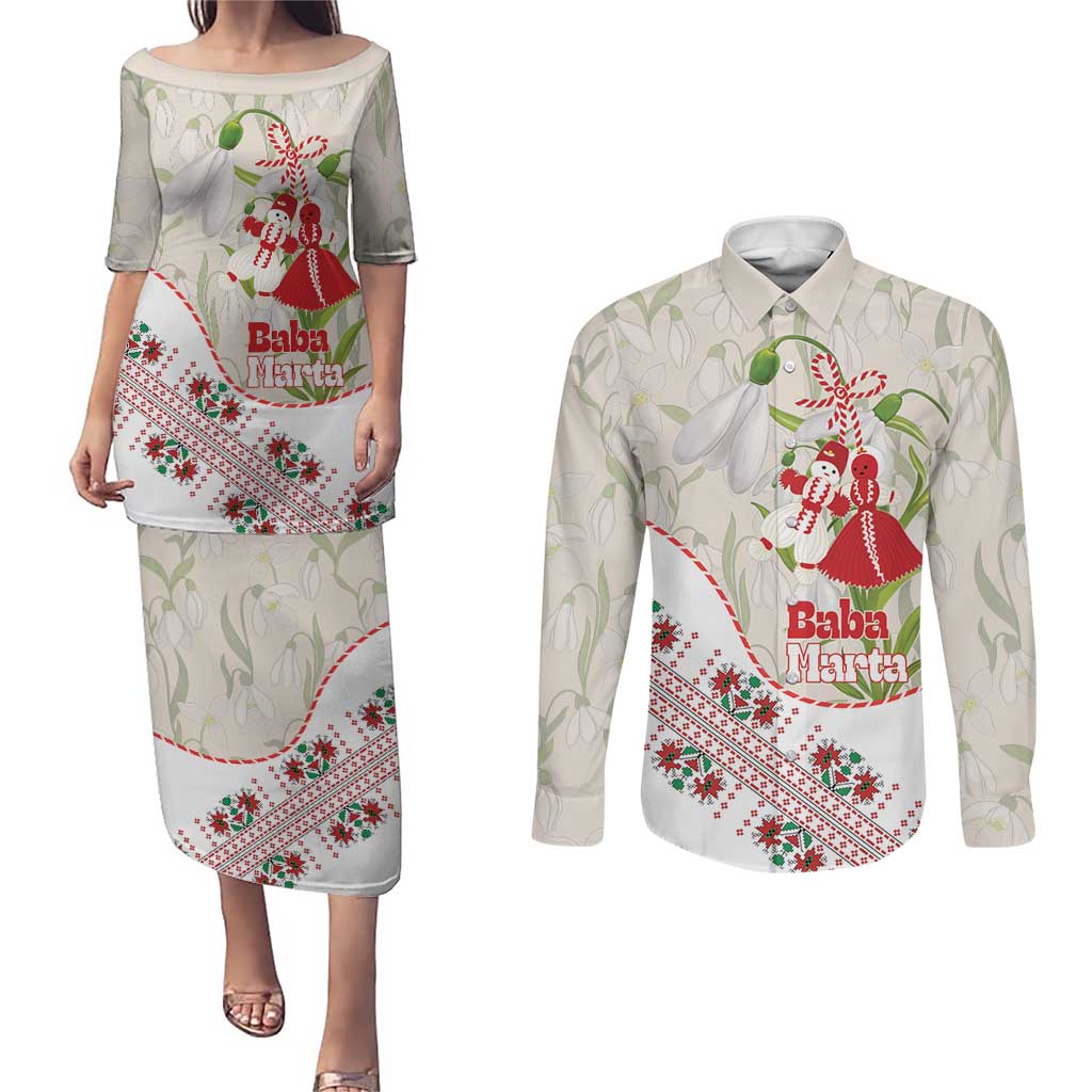 Baba Marta Bulgaria Couples Matching Puletasi and Long Sleeve Button Shirt Martenitsa Snowdrop Shevitsa Folk Pattern