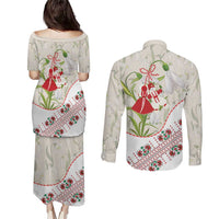 Baba Marta Bulgaria Couples Matching Puletasi and Long Sleeve Button Shirt Martenitsa Snowdrop Shevitsa Folk Pattern