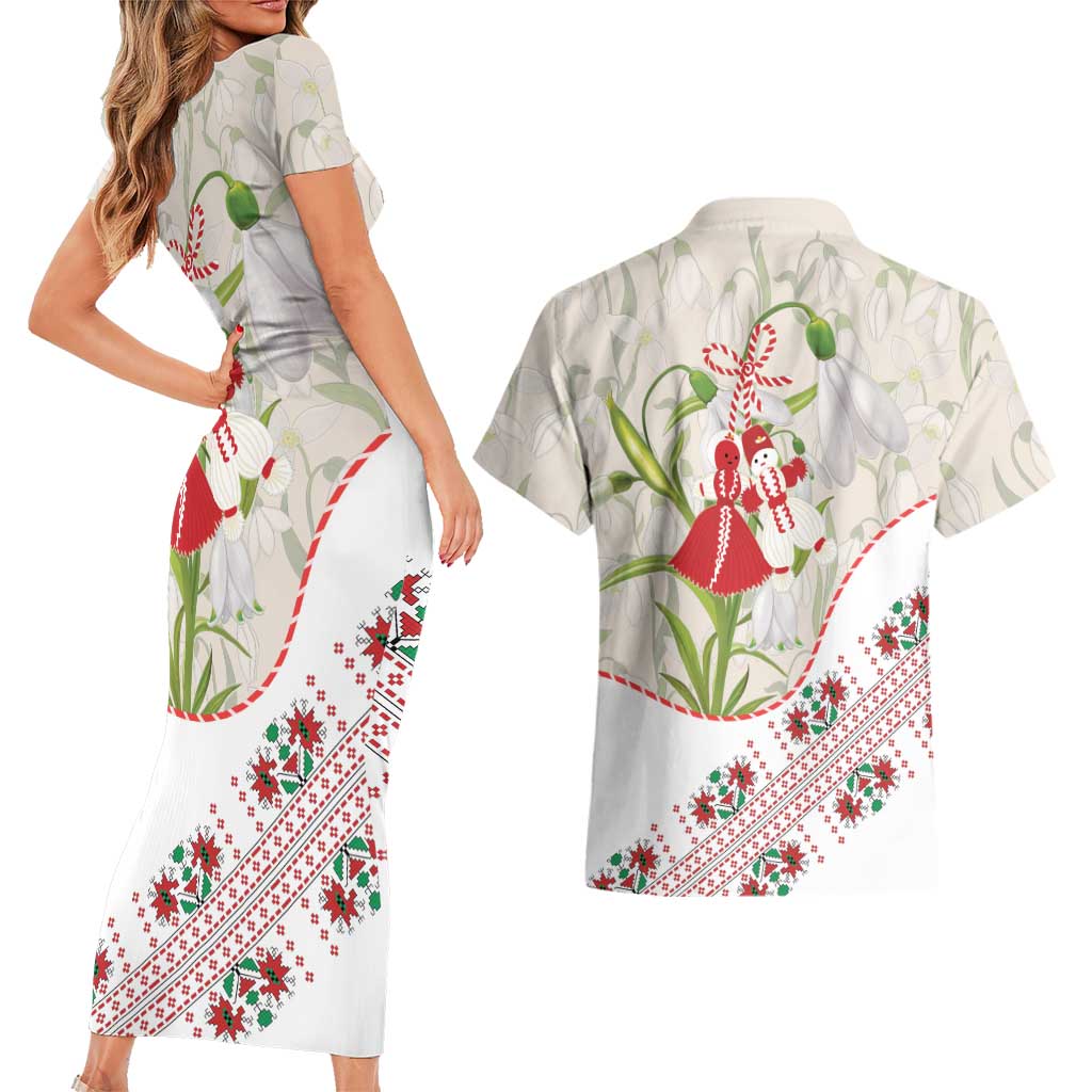 Baba Marta Bulgaria Couples Matching Short Sleeve Bodycon Dress and Hawaiian Shirt Martenitsa Snowdrop Shevitsa Folk Pattern