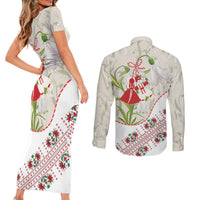 Baba Marta Bulgaria Couples Matching Short Sleeve Bodycon Dress and Long Sleeve Button Shirt Martenitsa Snowdrop Shevitsa Folk Pattern