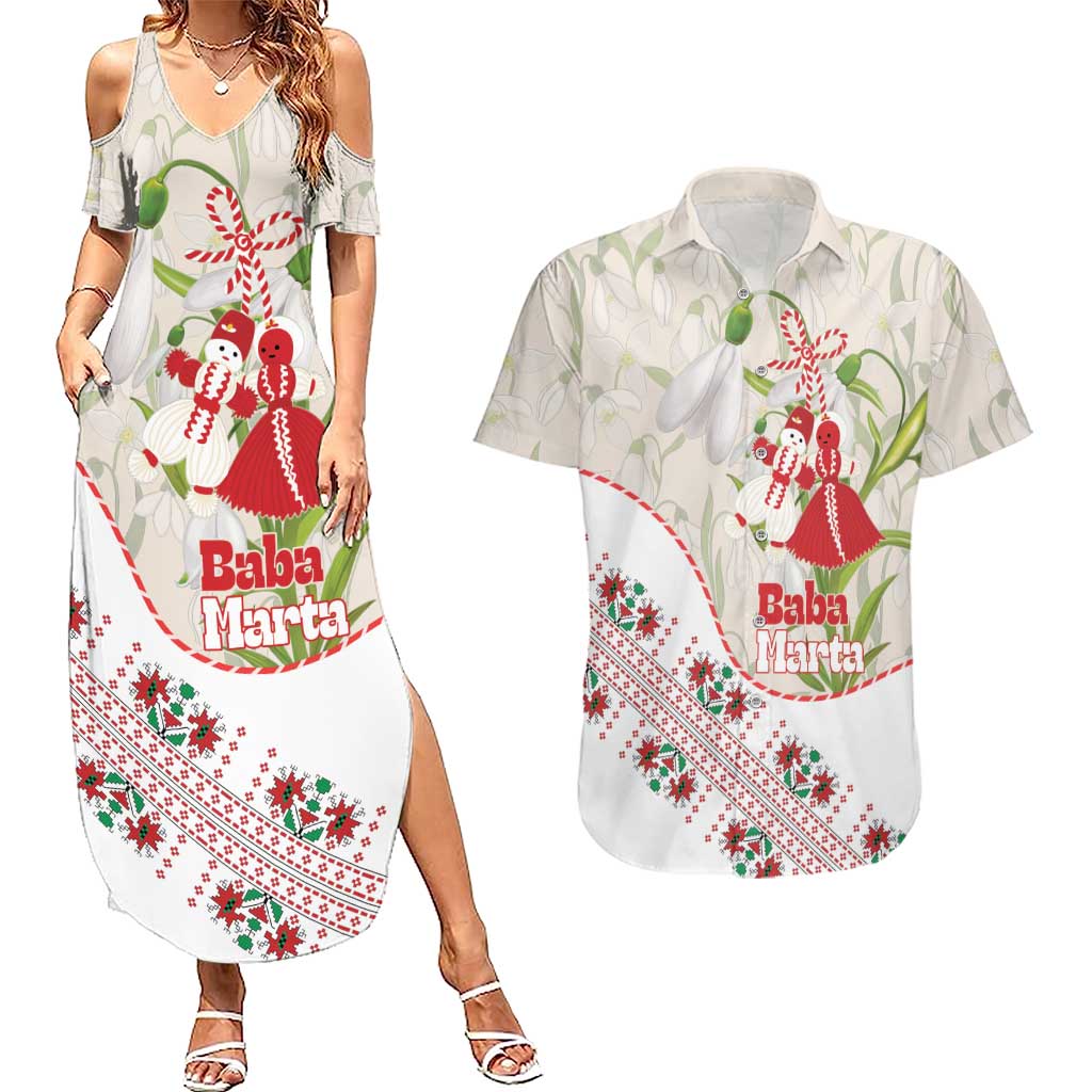 Baba Marta Bulgaria Couples Matching Summer Maxi Dress and Hawaiian Shirt Martenitsa Snowdrop Shevitsa Folk Pattern