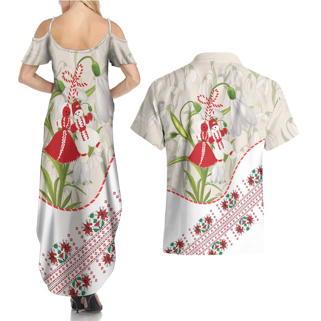 Baba Marta Bulgaria Couples Matching Summer Maxi Dress and Hawaiian Shirt Martenitsa Snowdrop Shevitsa Folk Pattern