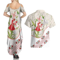 Baba Marta Bulgaria Couples Matching Summer Maxi Dress and Hawaiian Shirt Martenitsa Snowdrop Shevitsa Folk Pattern