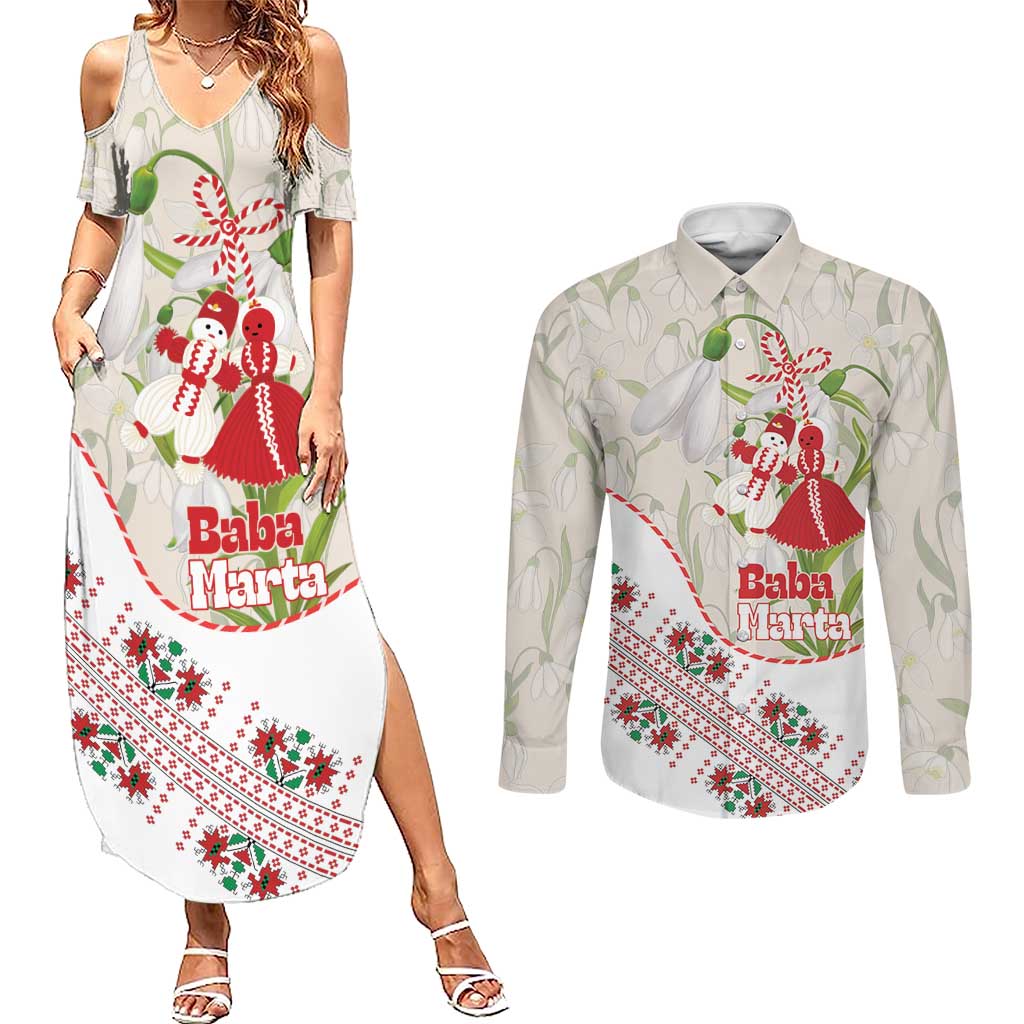 Baba Marta Bulgaria Couples Matching Summer Maxi Dress and Long Sleeve Button Shirt Martenitsa Snowdrop Shevitsa Folk Pattern