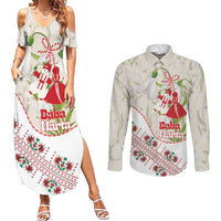 Baba Marta Bulgaria Couples Matching Summer Maxi Dress and Long Sleeve Button Shirt Martenitsa Snowdrop Shevitsa Folk Pattern