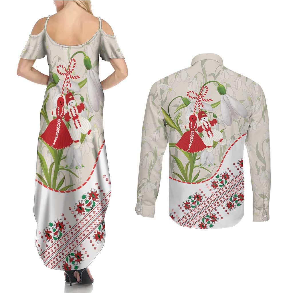 Baba Marta Bulgaria Couples Matching Summer Maxi Dress and Long Sleeve Button Shirt Martenitsa Snowdrop Shevitsa Folk Pattern