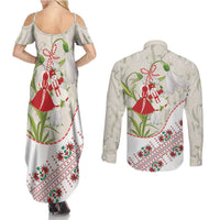Baba Marta Bulgaria Couples Matching Summer Maxi Dress and Long Sleeve Button Shirt Martenitsa Snowdrop Shevitsa Folk Pattern