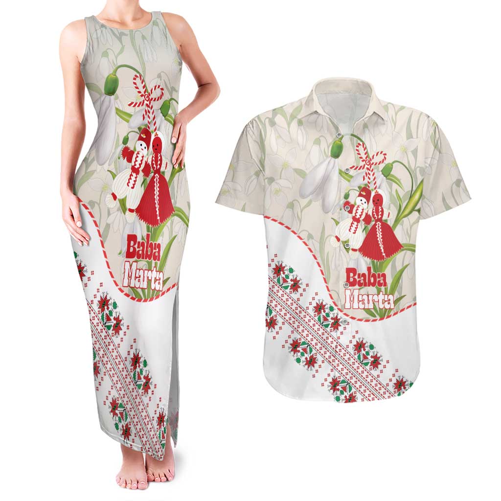 Baba Marta Bulgaria Couples Matching Tank Maxi Dress and Hawaiian Shirt Martenitsa Snowdrop Shevitsa Folk Pattern