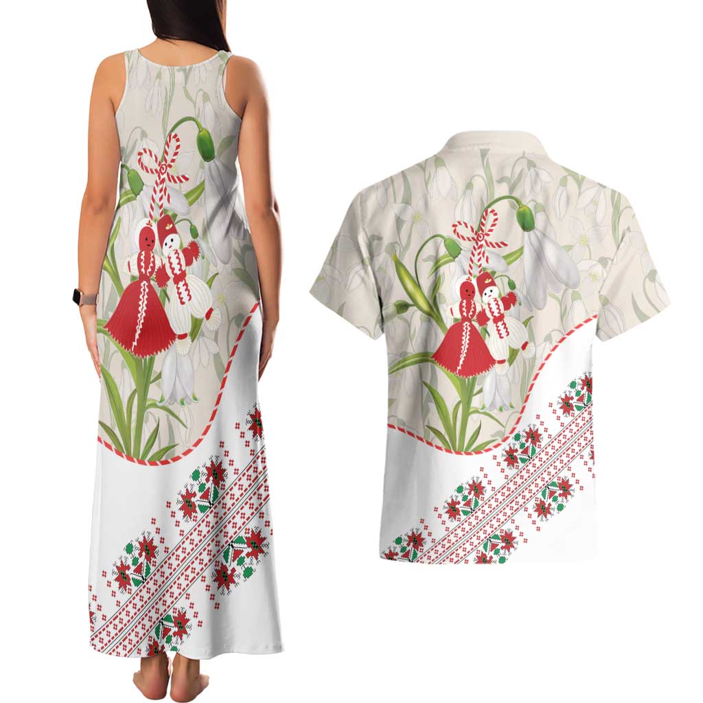 Baba Marta Bulgaria Couples Matching Tank Maxi Dress and Hawaiian Shirt Martenitsa Snowdrop Shevitsa Folk Pattern