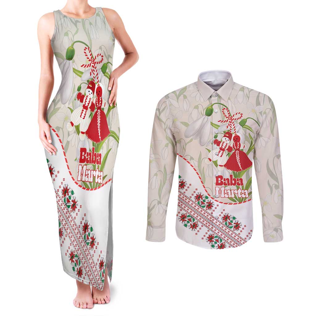 Baba Marta Bulgaria Couples Matching Tank Maxi Dress and Long Sleeve Button Shirt Martenitsa Snowdrop Shevitsa Folk Pattern