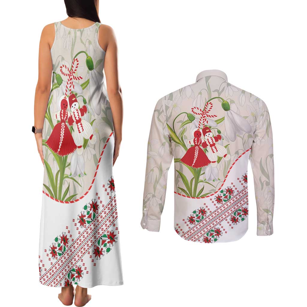Baba Marta Bulgaria Couples Matching Tank Maxi Dress and Long Sleeve Button Shirt Martenitsa Snowdrop Shevitsa Folk Pattern