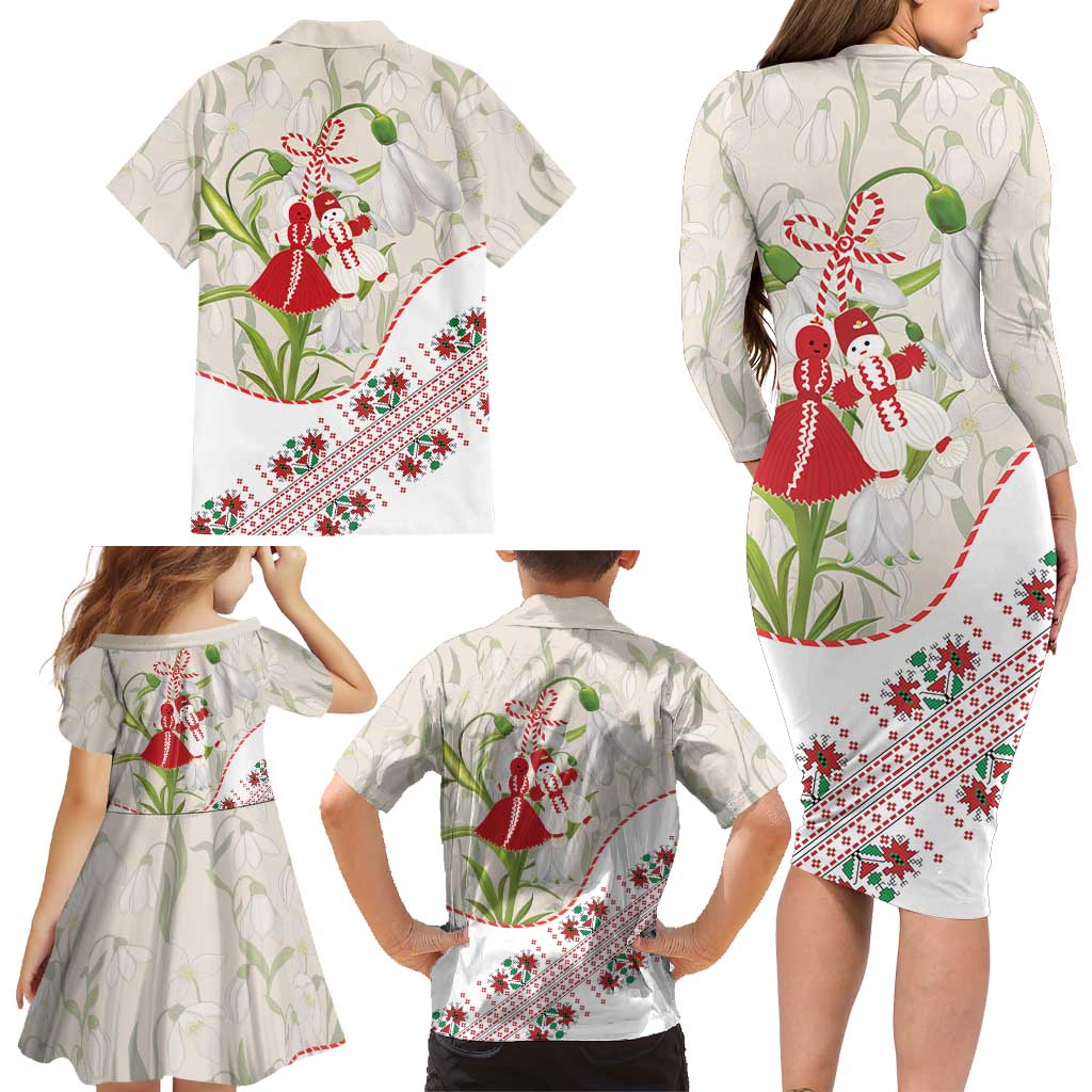 Baba Marta Bulgaria Family Matching Long Sleeve Bodycon Dress and Hawaiian Shirt Martenitsa Snowdrop Shevitsa Folk Pattern