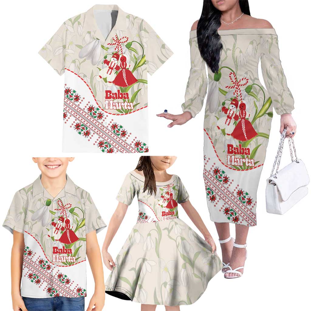 Baba Marta Bulgaria Family Matching Off The Shoulder Long Sleeve Dress and Hawaiian Shirt Martenitsa Snowdrop Shevitsa Folk Pattern