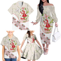 Baba Marta Bulgaria Family Matching Off The Shoulder Long Sleeve Dress and Hawaiian Shirt Martenitsa Snowdrop Shevitsa Folk Pattern
