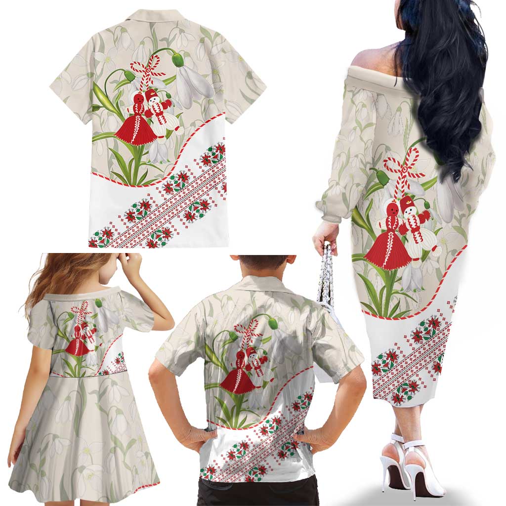 Baba Marta Bulgaria Family Matching Off The Shoulder Long Sleeve Dress and Hawaiian Shirt Martenitsa Snowdrop Shevitsa Folk Pattern