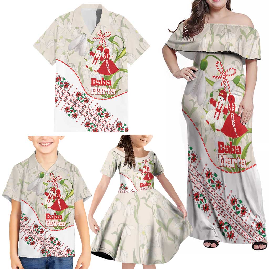 Baba Marta Bulgaria Family Matching Off Shoulder Maxi Dress and Hawaiian Shirt Martenitsa Snowdrop Shevitsa Folk Pattern