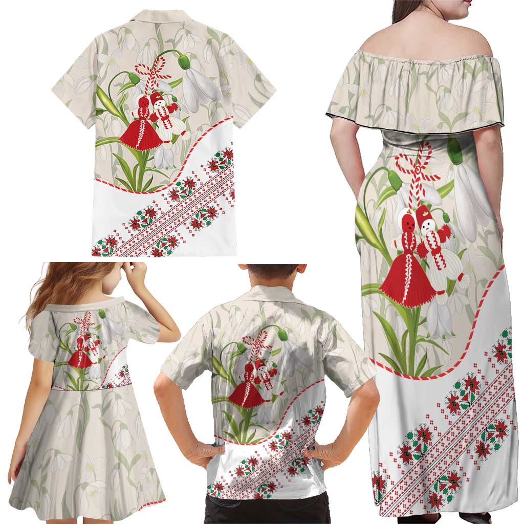 Baba Marta Bulgaria Family Matching Off Shoulder Maxi Dress and Hawaiian Shirt Martenitsa Snowdrop Shevitsa Folk Pattern