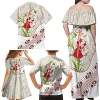 Baba Marta Bulgaria Family Matching Off Shoulder Maxi Dress and Hawaiian Shirt Martenitsa Snowdrop Shevitsa Folk Pattern