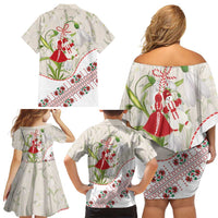 Baba Marta Bulgaria Family Matching Off Shoulder Short Dress and Hawaiian Shirt Martenitsa Snowdrop Shevitsa Folk Pattern