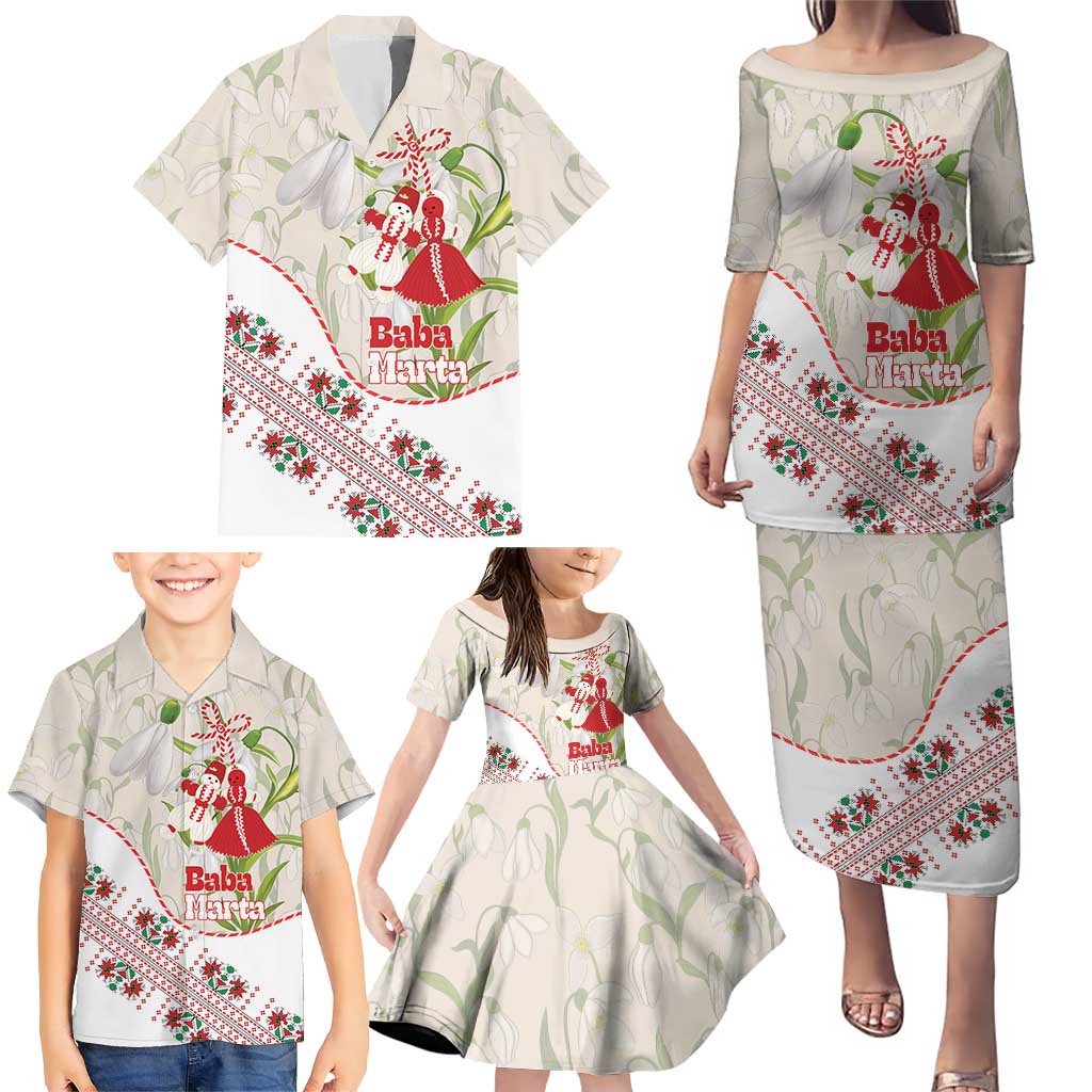 Baba Marta Bulgaria Family Matching Puletasi and Hawaiian Shirt Martenitsa Snowdrop Shevitsa Folk Pattern