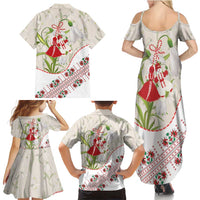 Baba Marta Bulgaria Family Matching Summer Maxi Dress and Hawaiian Shirt Martenitsa Snowdrop Shevitsa Folk Pattern