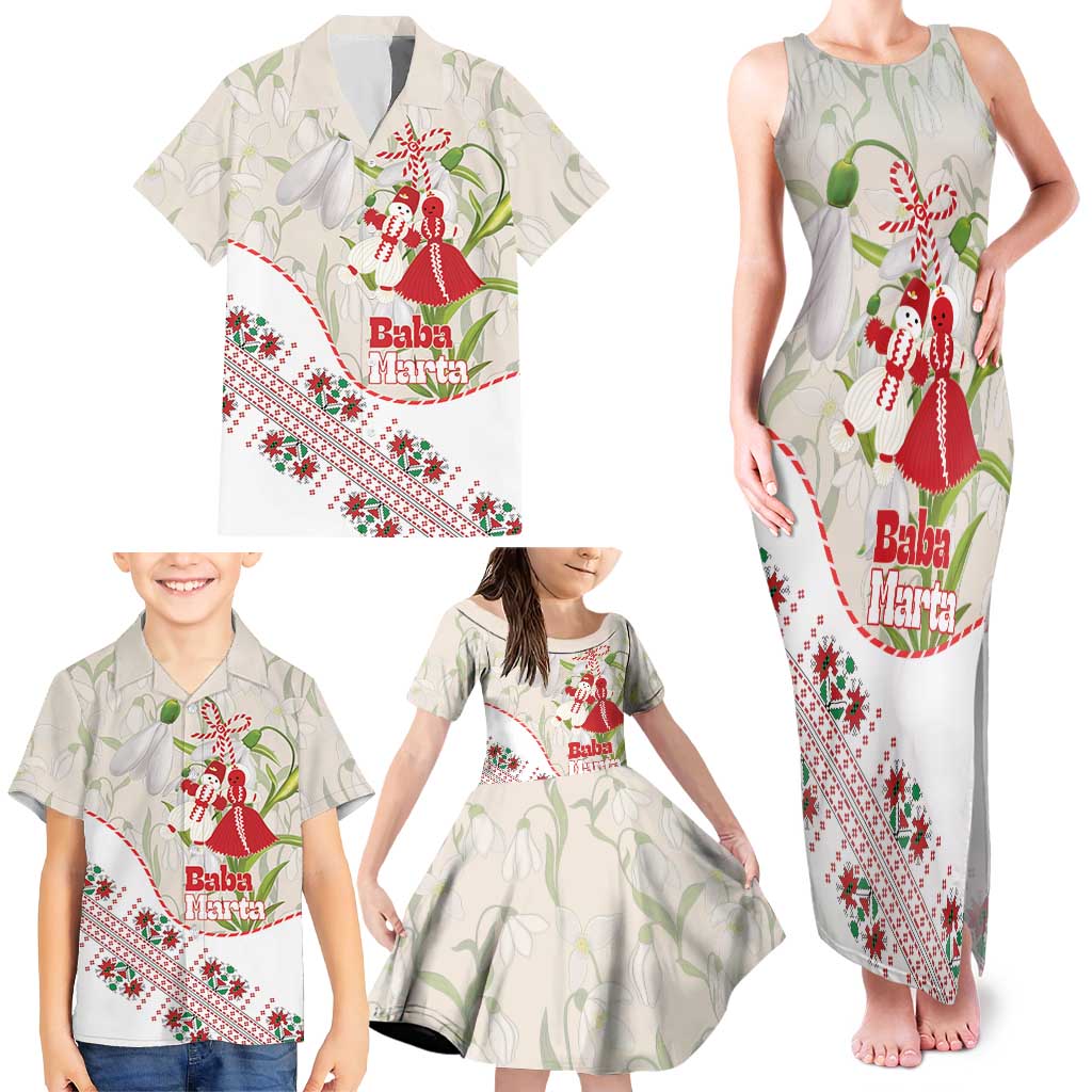 Baba Marta Bulgaria Family Matching Tank Maxi Dress and Hawaiian Shirt Martenitsa Snowdrop Shevitsa Folk Pattern