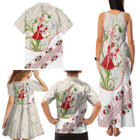 Baba Marta Bulgaria Family Matching Tank Maxi Dress and Hawaiian Shirt Martenitsa Snowdrop Shevitsa Folk Pattern