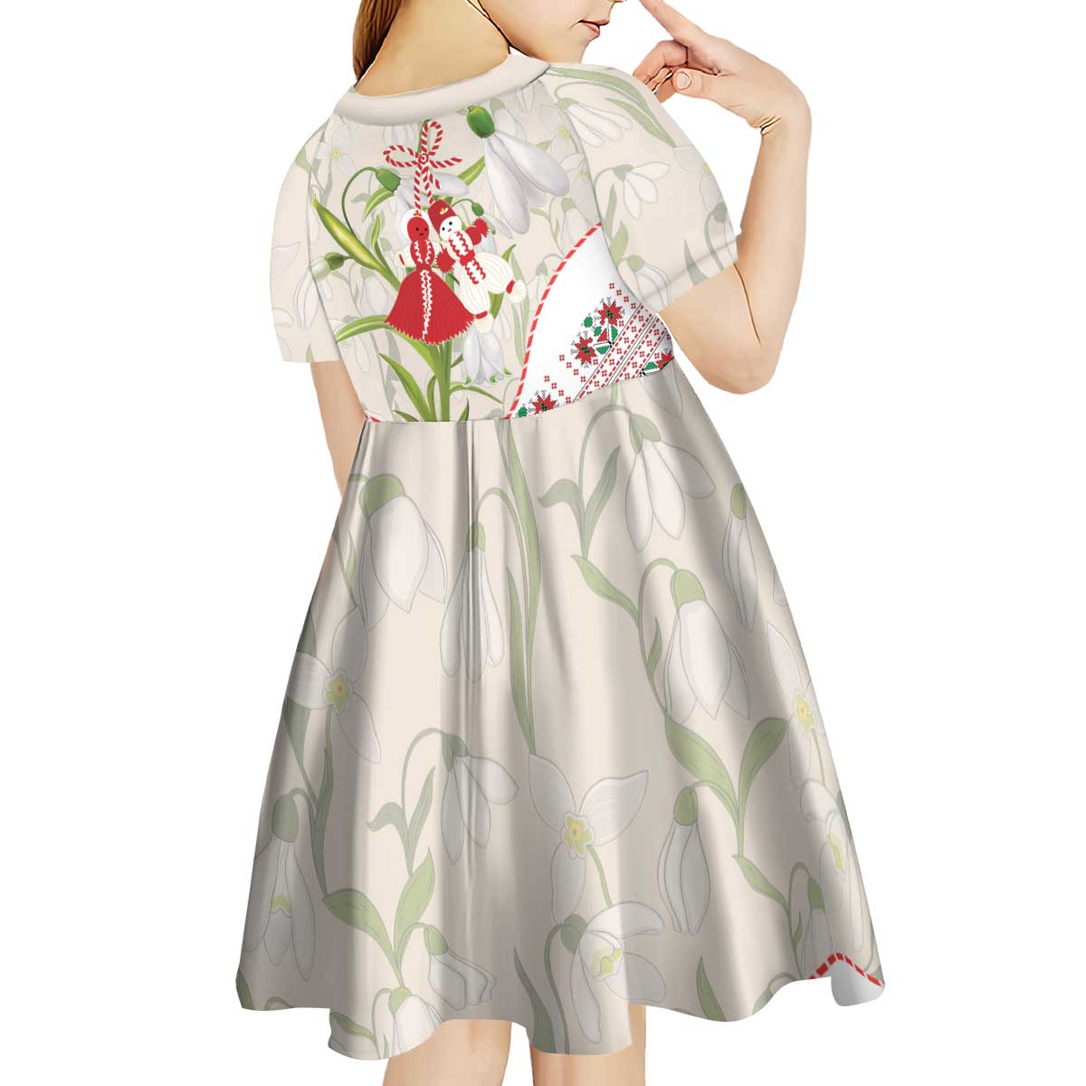 Baba Marta Bulgaria Kid Short Sleeve Dress Martenitsa Snowdrop Shevitsa Folk Pattern