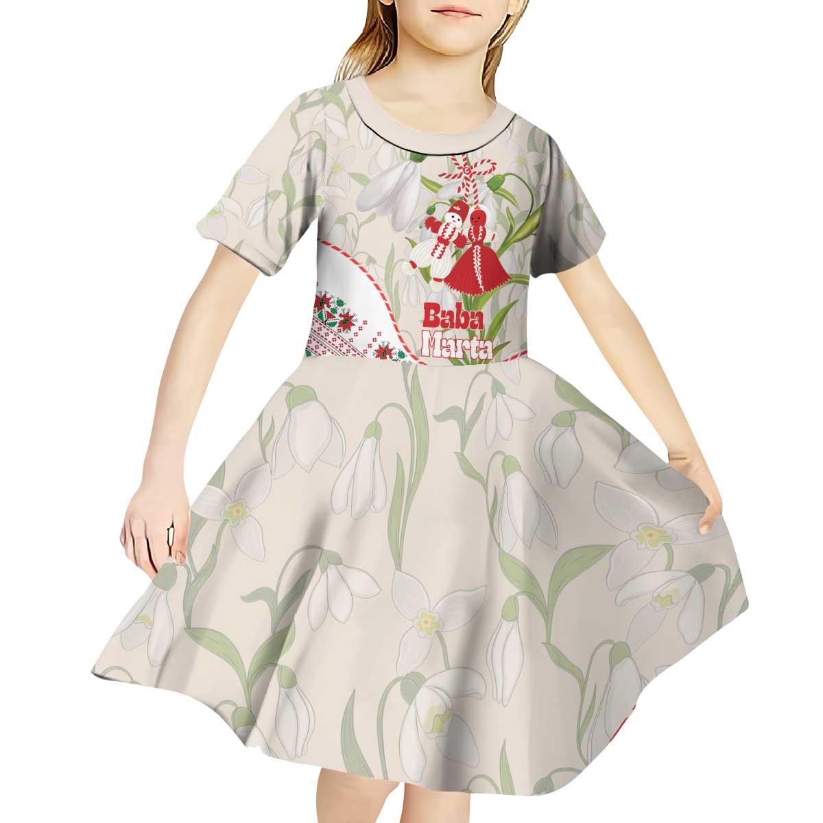 Baba Marta Bulgaria Kid Short Sleeve Dress Martenitsa Snowdrop Shevitsa Folk Pattern