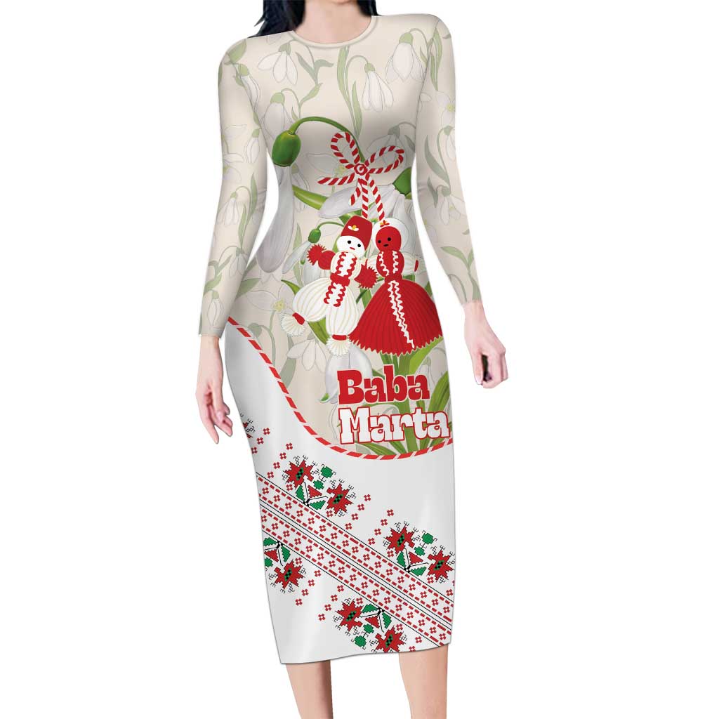 Baba Marta Bulgaria Long Sleeve Bodycon Dress Martenitsa Snowdrop Shevitsa Folk Pattern