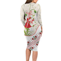 Baba Marta Bulgaria Long Sleeve Bodycon Dress Martenitsa Snowdrop Shevitsa Folk Pattern
