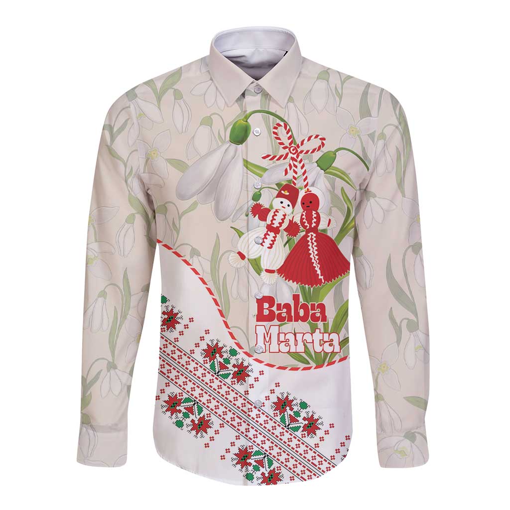 Baba Marta Bulgaria Long Sleeve Button Shirt Martenitsa Snowdrop Shevitsa Folk Pattern