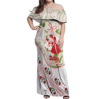 Baba Marta Bulgaria Off Shoulder Maxi Dress Martenitsa Snowdrop Shevitsa Folk Pattern