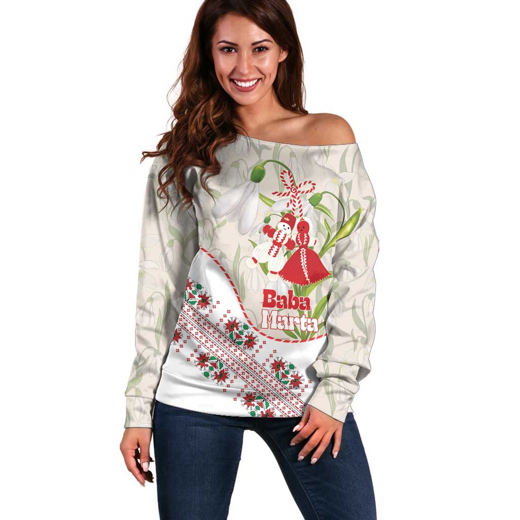 Baba Marta Bulgaria Off Shoulder Sweater Martenitsa Snowdrop Shevitsa Folk Pattern