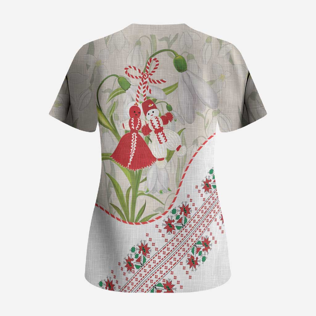 Baba Marta Bulgaria Scrub Top Martenitsa Snowdrop Shevitsa Folk Pattern