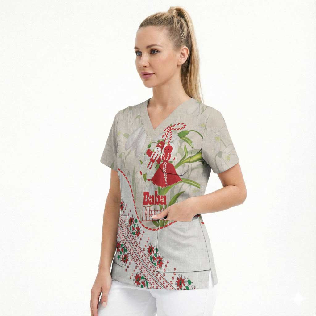 Baba Marta Bulgaria Scrub Top Martenitsa Snowdrop Shevitsa Folk Pattern