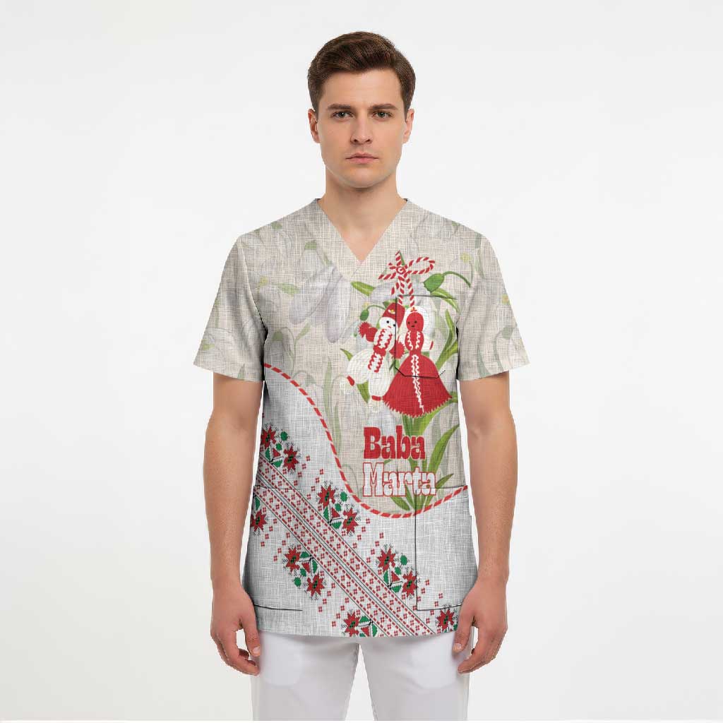 Baba Marta Bulgaria Scrub Top Martenitsa Snowdrop Shevitsa Folk Pattern